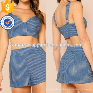 Listrado Zip Up Crop Top Com Correspondência Shorts Set Fabricação Atacado Moda Feminina Vestuário (TA4087SS)